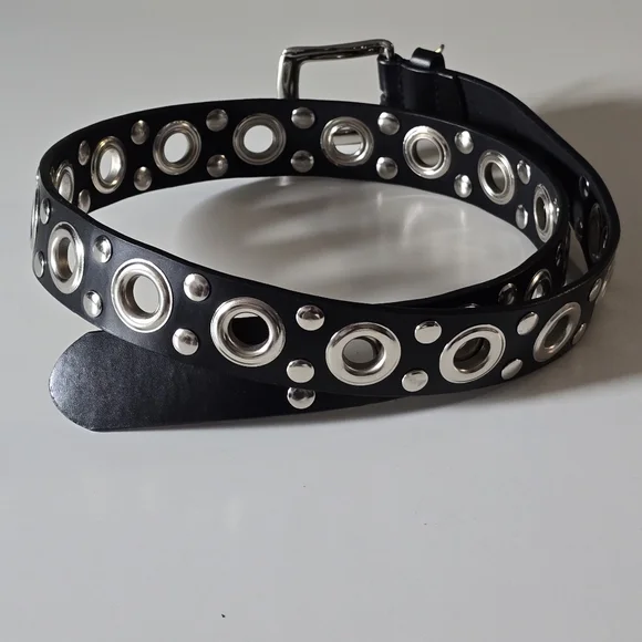 Black Faux Leather and Silver Studded Grommet Belt - Picture 3 of 4